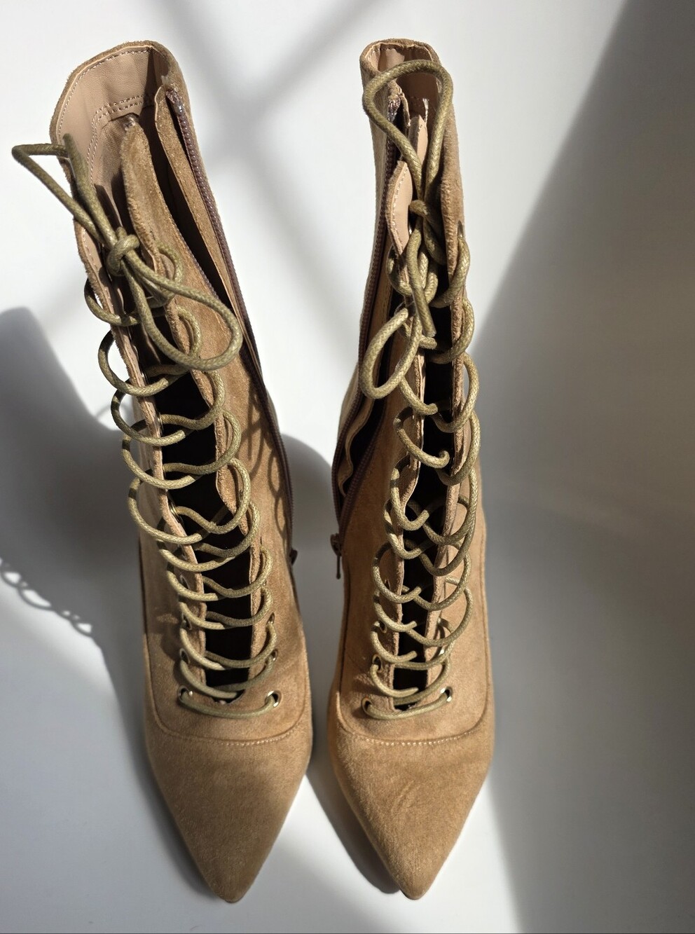 by the way. Lace-Up Pointed-Toe Suede Ankle Booties — Tan